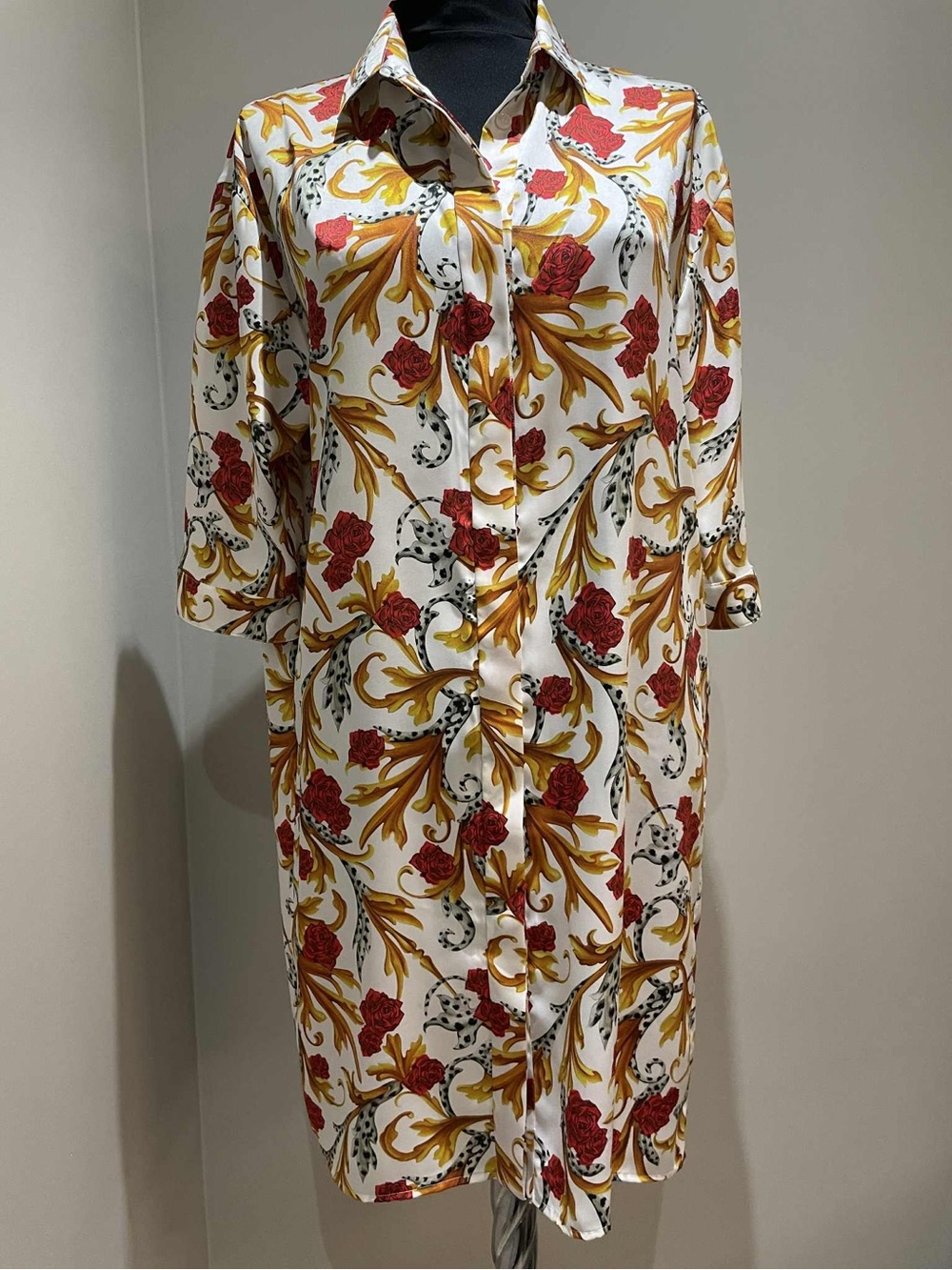 Versace Baroque Rose Print  Shirt Dress White Red Gold